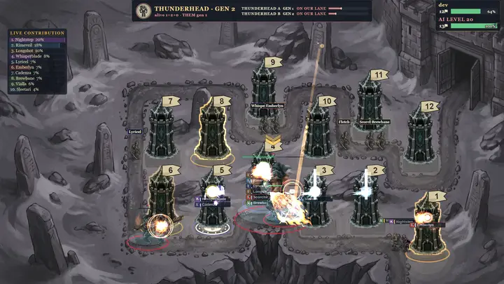 Two Thunderhead bosses fighting a team on the snowy Storm Summit map
